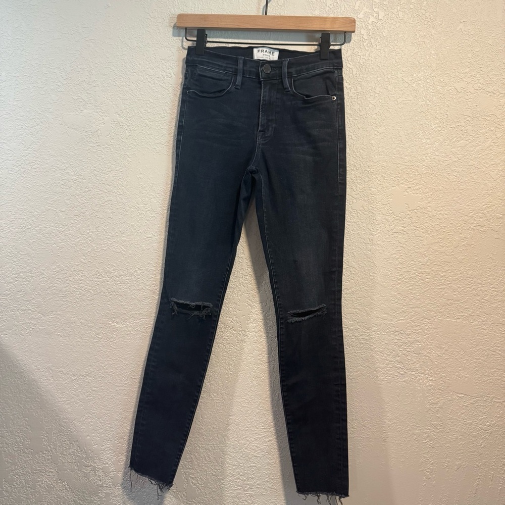 Frame Denim Le High Skinny Jeans in Dark Wash with Cut out Knees and Frayed Hem